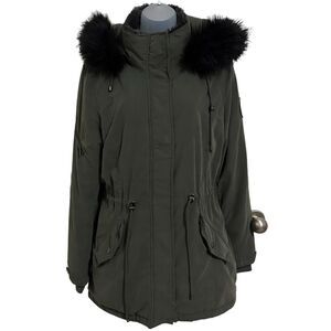 DNKY Dark Forest Green Cinched Tie Waist Puffy Fo Hood Pocket Midi Heavy Jacket